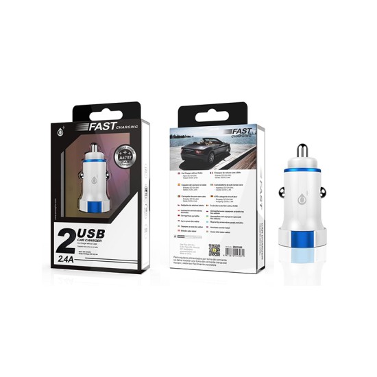 CARREGADOR ADAPTADOR DE CARRO ONEPLUS A4707 BL+AZ SEM CABO 2 PORTAS USB 2.4A BRANCO+AZUL